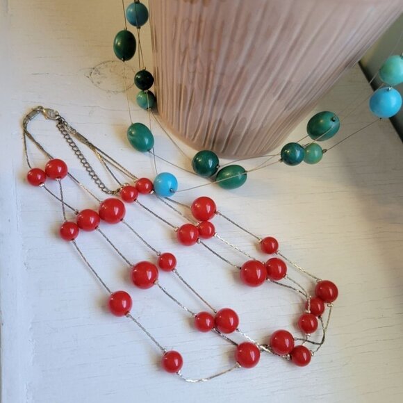 Bundle of Two Beaded Necklaces, Turquoise Blue, Green, Red, Silver Tone - Picture 2 of 4